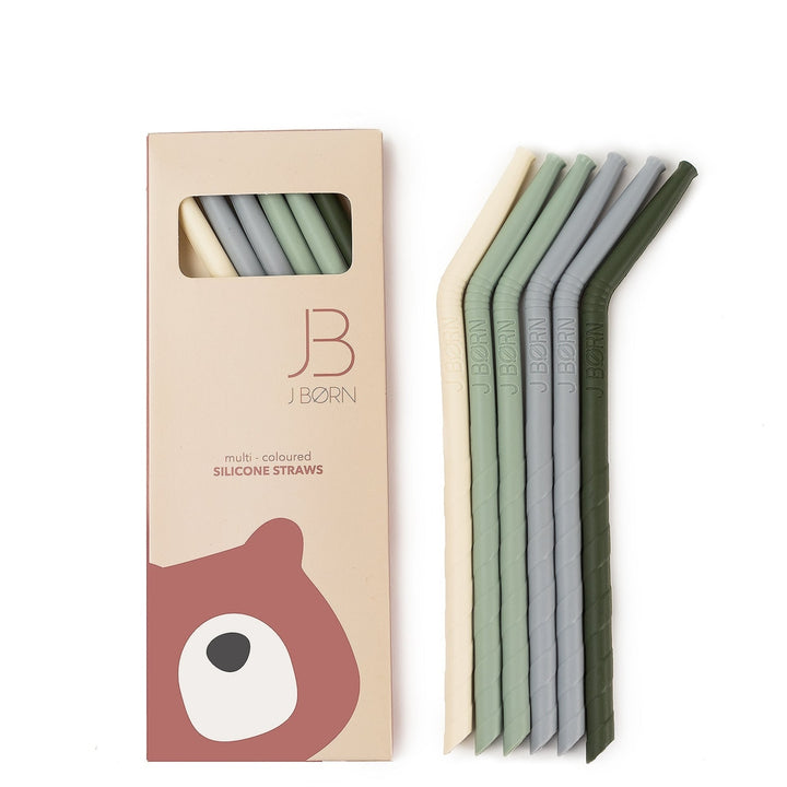 JBØRN Silicone Straws (Bent) x6 with Cleaning Brush Green Mix - Personalisable Baby Products Sold and Personalised by JustBørn