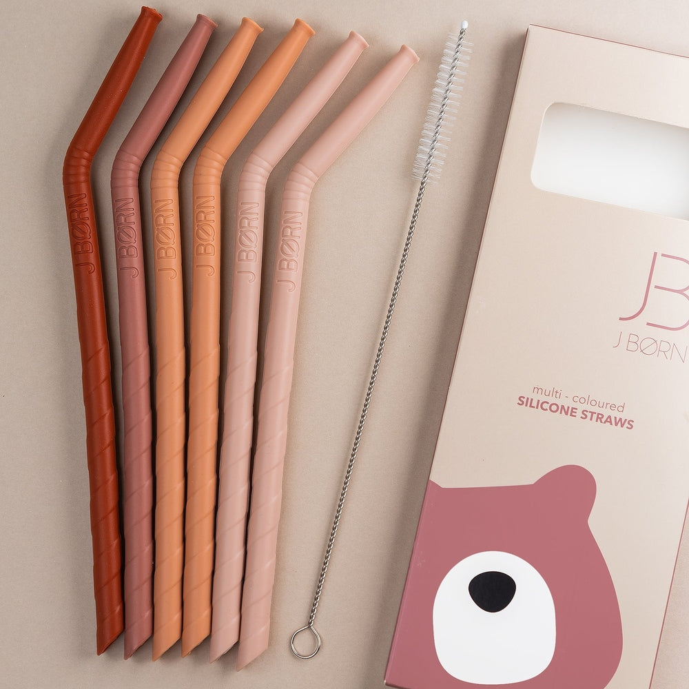 JBØRN Silicone Straws (Bent) x6 with Cleaning Brush - Personalisable Baby Products Sold and Personalised by JustBørn