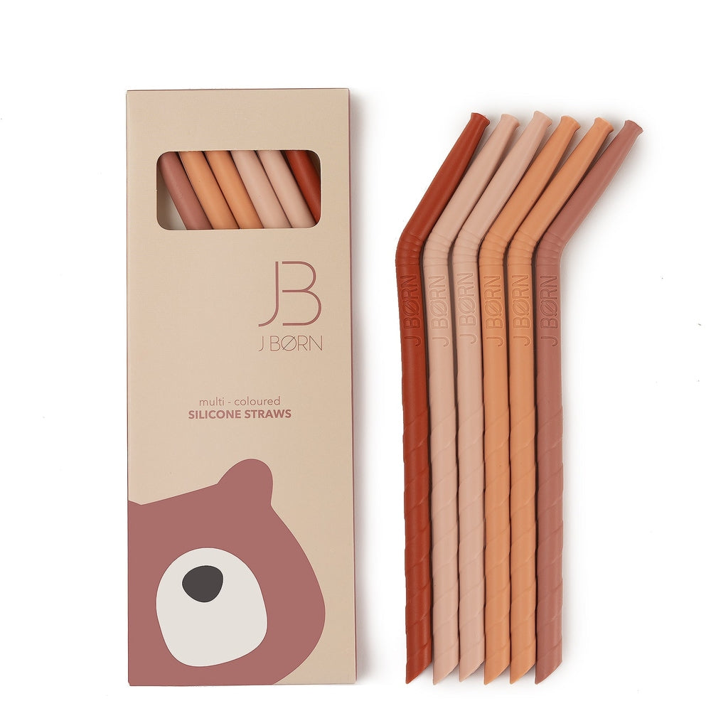 JBØRN Silicone Straws (Bent) x6 with Cleaning Brush Red Mix - Personalisable Baby Products Sold and Personalised by JustBørn