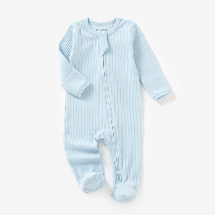 JBØRN Organic Cotton Ribbed Baby Sleep Suit in Ribbed Baby Blue, sold by JBørn Baby Products Shop, Personalizable by JustBørn