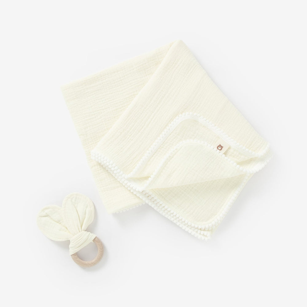 JBØRN Pop Pom Swaddle Organic Muslin Blanket & Teether Set | Personalisable in Muslin Ivory, sold by JBørn Baby Products Shop, Personalizable by JustBørn