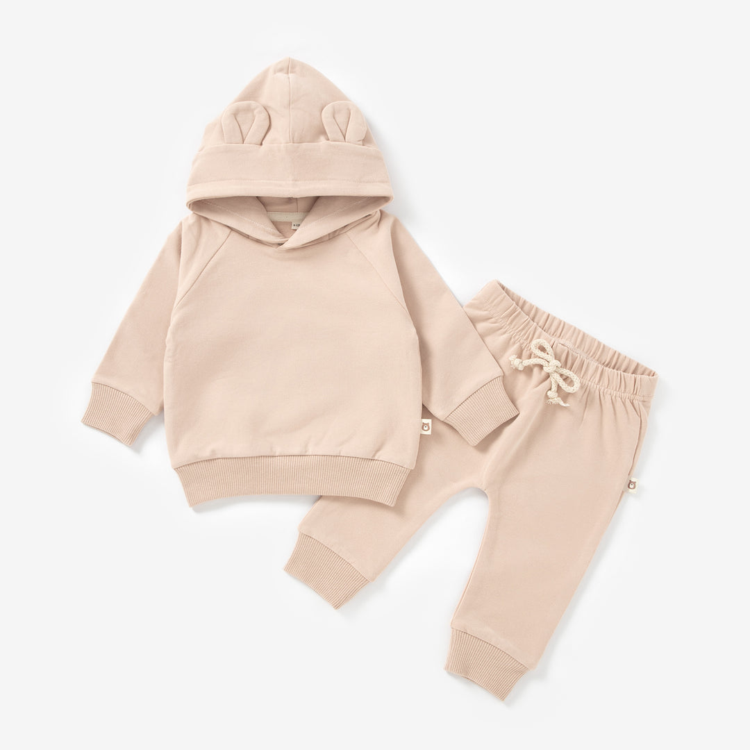 JBØRN Organic Cotton Baby Teddy Ears Hoodie & Joggers Set | Personalisable in Peach Cream, sold by JBørn Baby Products Shop, Personalizable by JustBørn