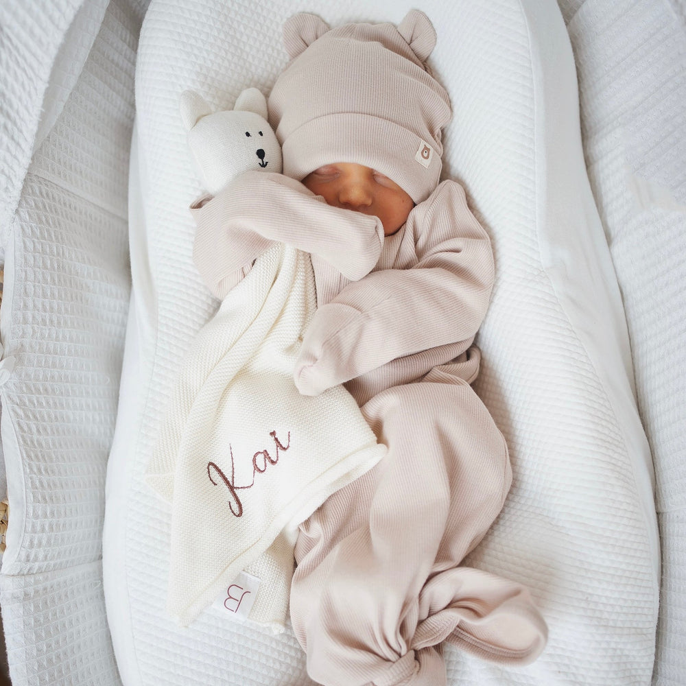 JBØRN Organic Cotton Knotted Baby Gown & Hat in Dusty Rose, sold by JBørn Baby Products Shop, Personalizable by JustBørn