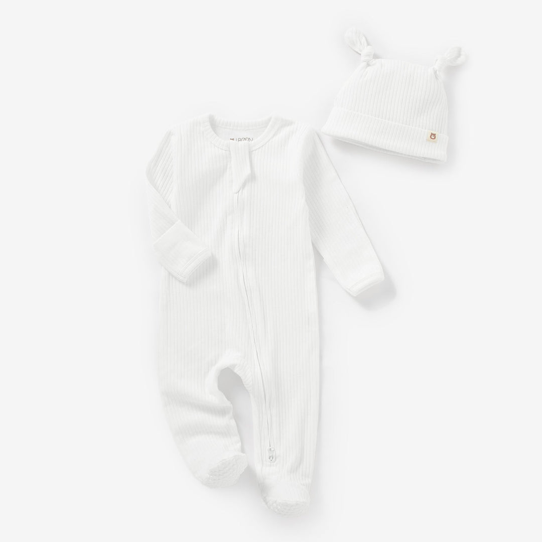 JBØRN Organic Cotton Ribbed Baby Sleep Suit and Hat Ribbed White - Personalisable Baby Products Sold and Personalised by JustBørn