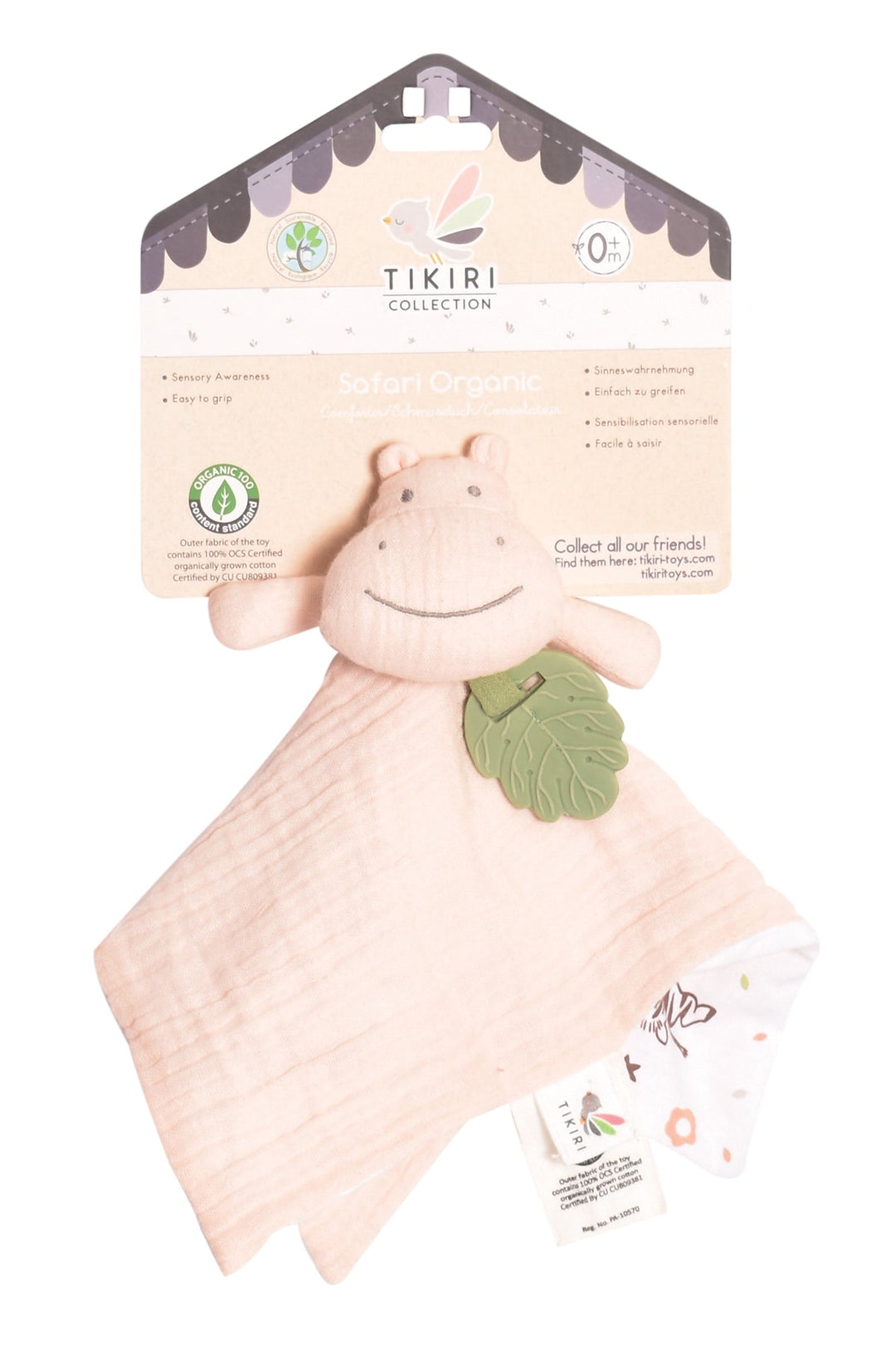 Tikiri Organic Cotton Comforter with Rubber Teether in Cotton Hippo, sold by JBørn Baby Products Shop, Personalizable by JustBørn