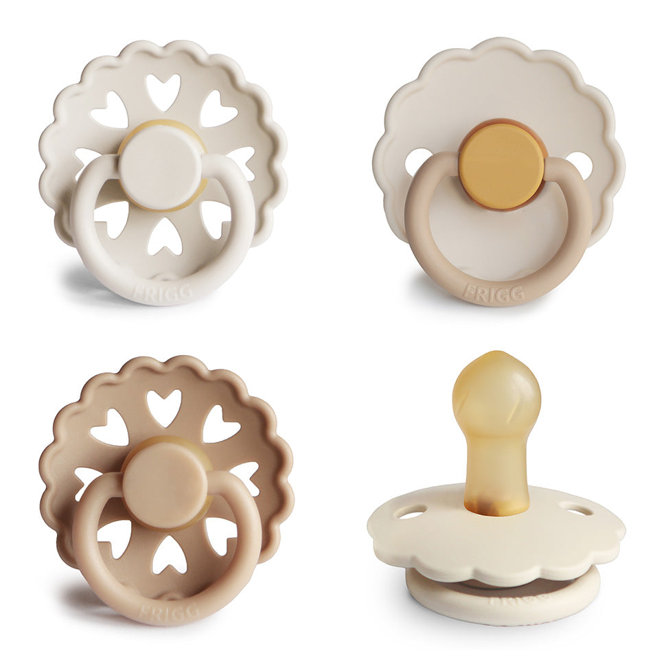 FRIGG Natural Rubber Latex Pacifier Pack of 4 & Matching JBØRN Clip Set - Personalisable Baby Products Sold and Personalised by JustBørn