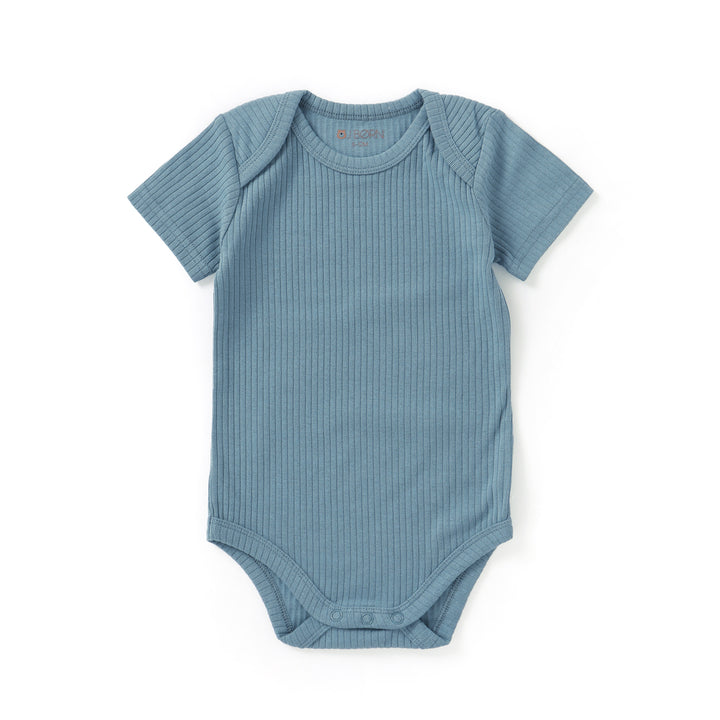 JBØRN Organic Cotton Ribbed Baby Short Sleeve Bodysuit | Personalisable in Ribbed Ocean Blue, sold by JBørn Baby Products Shop, Personalizable by JustBørn