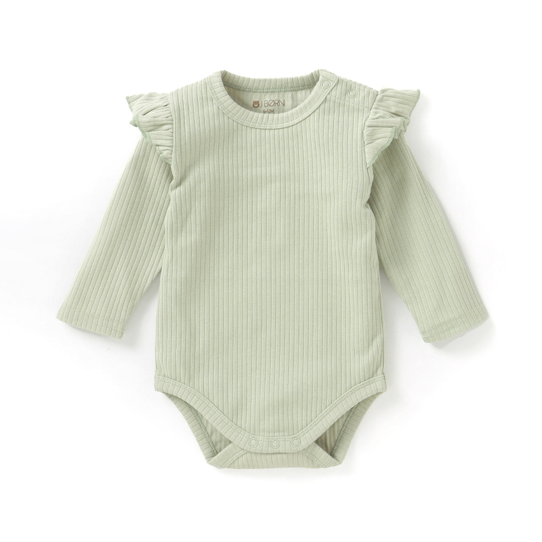 JBØRN Organic Cotton Frill Long Sleeve Bodysuit | Personalisable in Ribbed Pistachio, sold by JBørn Baby Products Shop, Personalizable by JustBørn