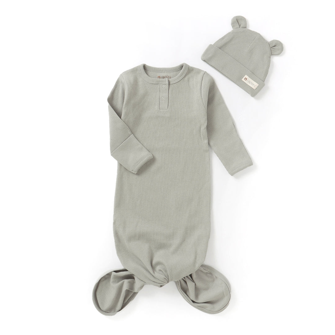 JBØRN Organic Cotton Knotted Baby Gown & Hat in Grey, sold by JBørn Baby Products Shop, Personalizable by JustBørn