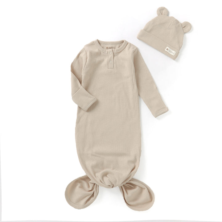 JBØRN Organic Cotton Knotted Baby Gown & Hat in Sandstone, sold by JBørn Baby Products Shop, Personalizable by JustBørn
