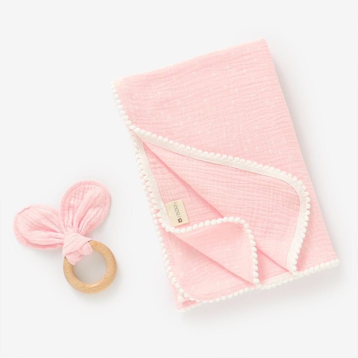 JBØRN Pop Pom Swaddle Organic Muslin Blanket & Teether Set | Personalisable in Muslin Baby Pink, sold by JBørn Baby Products Shop, Personalizable by JustBørn