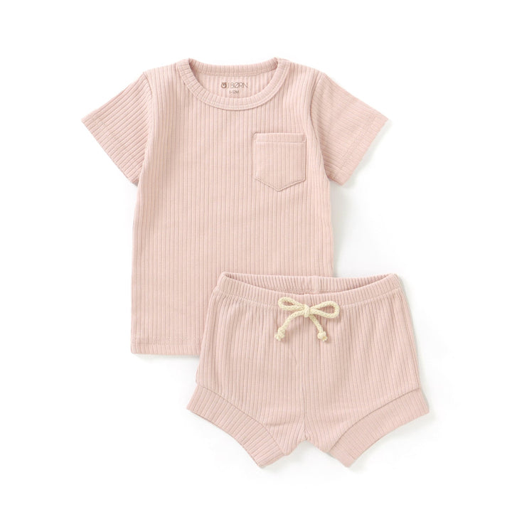 JBØRN Organic Cotton Ribbed Baby T-Shirt & Shorts Set | Personalisable in Ribbed Blush, sold by JBørn Baby Products Shop, Personalizable by JustBørn