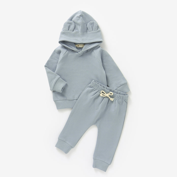JBØRN Organic Cotton Baby Teddy Ears Hoodie & Joggers Set | Personalisable in Stone Blue, sold by JBørn Baby Products Shop, Personalizable by JustBørn