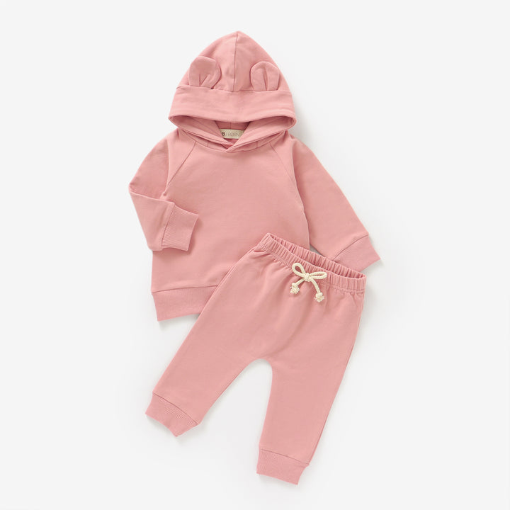JBØRN Organic Cotton Baby Teddy Ears Hoodie & Joggers Set | Personalisable in Powder Blush, sold by JBørn Baby Products Shop, Personalizable by JustBørn