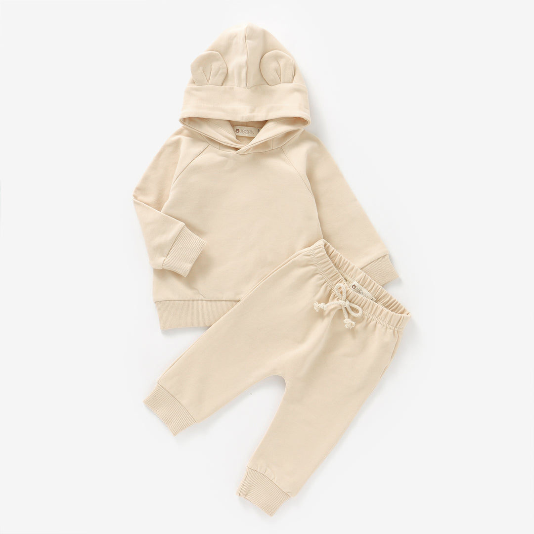 JBØRN Organic Cotton Baby Teddy Ears Hoodie & Joggers Set | Personalisable in Cream, sold by JBørn Baby Products Shop, Personalizable by JustBørn