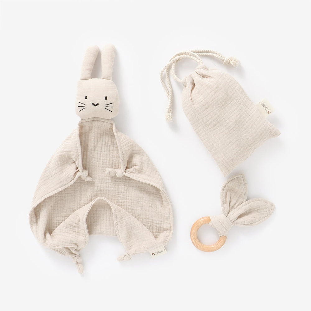 JBØRN Organic Cotton Bunny Comforter & Teether Set | Personalisable in Muslin Sandstone, sold by JBørn Baby Products Shop, Personalizable by JustBørn