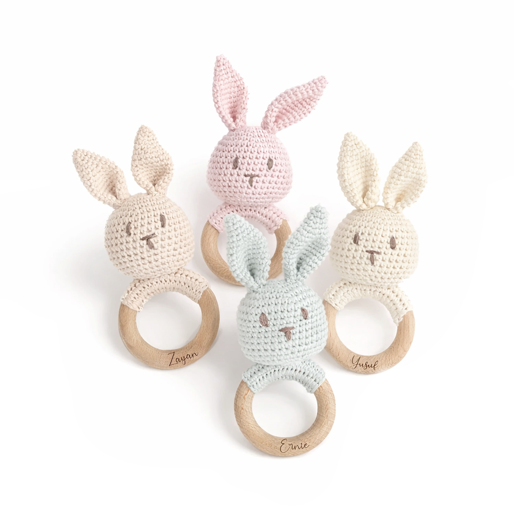 JBØRN Crochet Bunny Baby Rattle Toy - Personalisable Baby Products Sold and Personalised by JustBørn