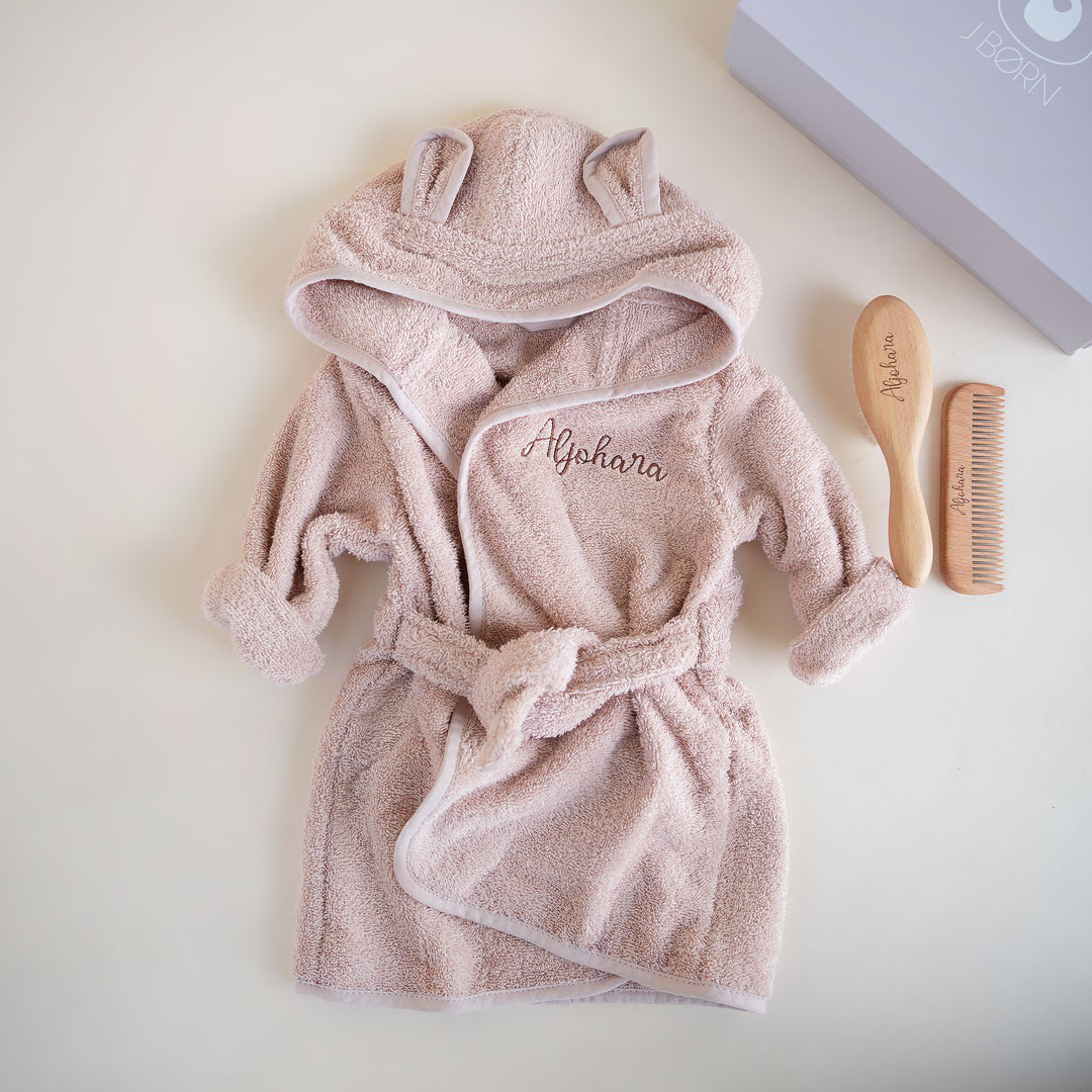 JBØRN Baby Gift Set | Organic Cotton Bath Robe & Hair Brush Set Blush - Personalisable Baby Products Sold and Personalised by JustBørn