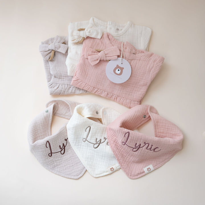 JBØRN Organic Cotton Muslin Baby Girl Dress and Bow - Personalisable Baby Products Sold and Personalised by JustBørn