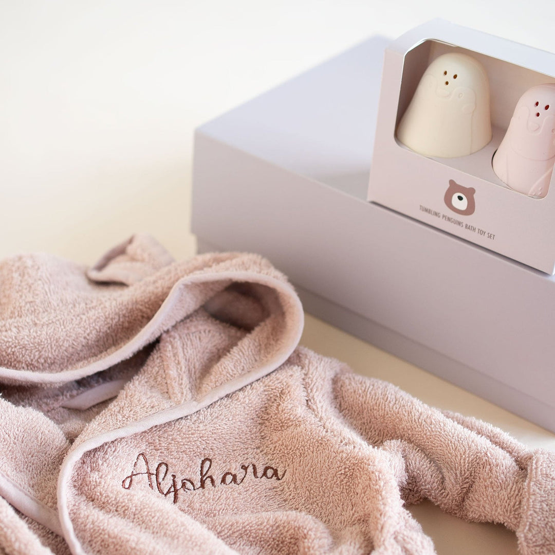 JBØRN Baby Gift Set | Organic Cotton Robe (6 months - 2 Years Old) & Bath Toys Blush - Personalisable Baby Products Sold and Personalised by JustBørn