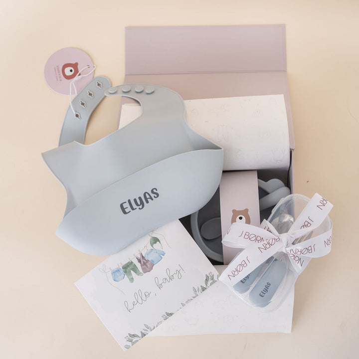 JBØRN Baby Gift Set | Silicone Bowl, Cutlery and Bib - Personalisable Baby Products Sold and Personalised by JustBørn
