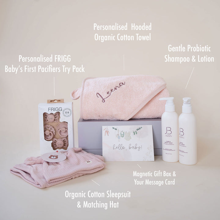 JBØRN New Born Gift Set | First Pacifiers, Organic Cotton Towel, Sleep Suit & Skin Care Set - Personalisable Baby Products Sold and Personalised by JustBørn