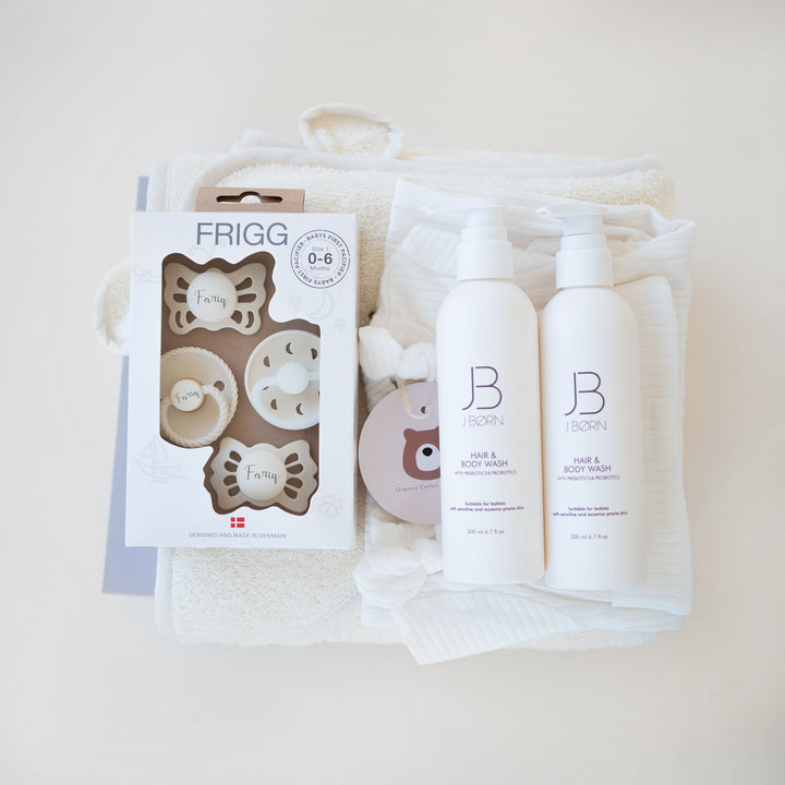 JBØRN New Born Gift Set | First Pacifiers, Organic Cotton Towel, Sleep Suit & Skin Care Set Ivory - Personalisable Baby Products Sold and Personalised by JustBørn