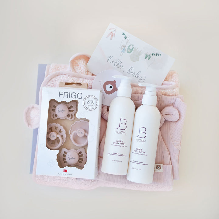 JBØRN New Born Gift Set | First Pacifiers, Organic Cotton Towel, Sleep Suit & Skin Care Set Blossom - Personalisable Baby Products Sold and Personalised by JustBørn