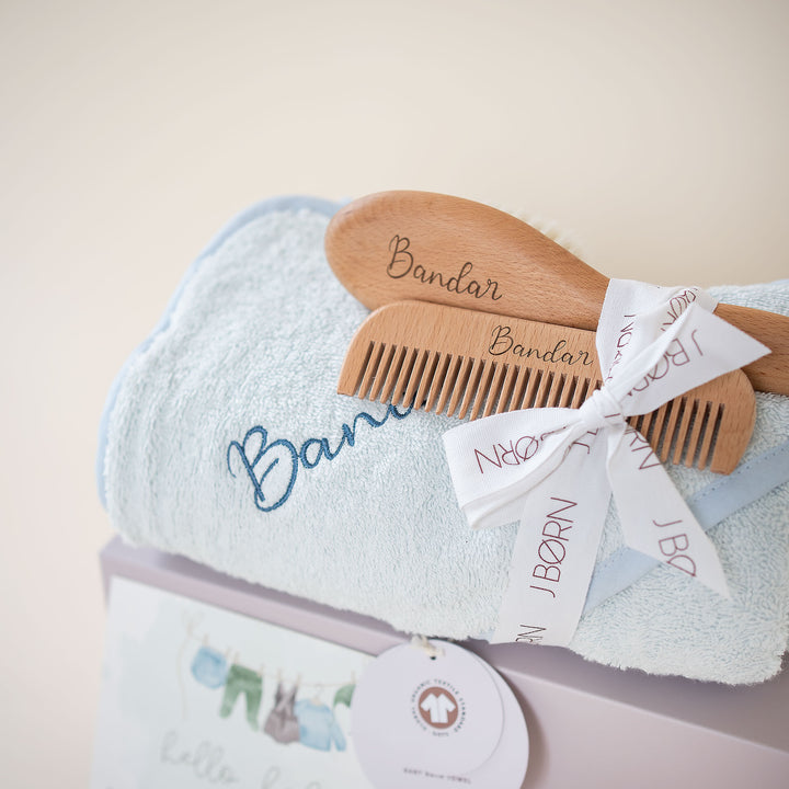 JBØRN Baby Gift Set | Organic Cotton Towel & Hair Brush Set - Personalisable Baby Products Sold and Personalised by JustBørn