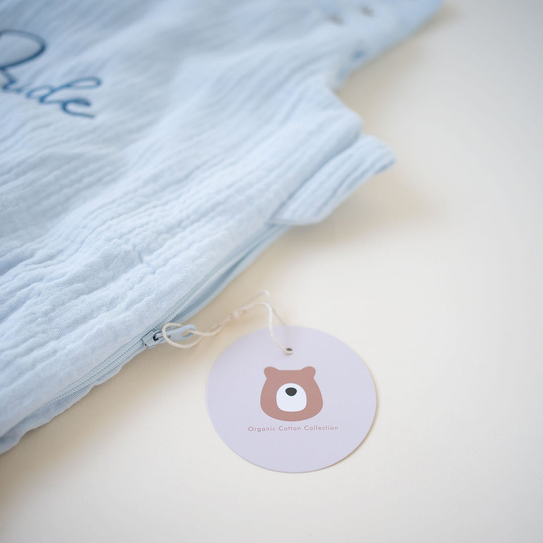 JBØRN Organic Cotton Muslin Sleep Bag | 0-6 Months Powder Blue - Personalisable Baby Products Sold and Personalised by JustBørn