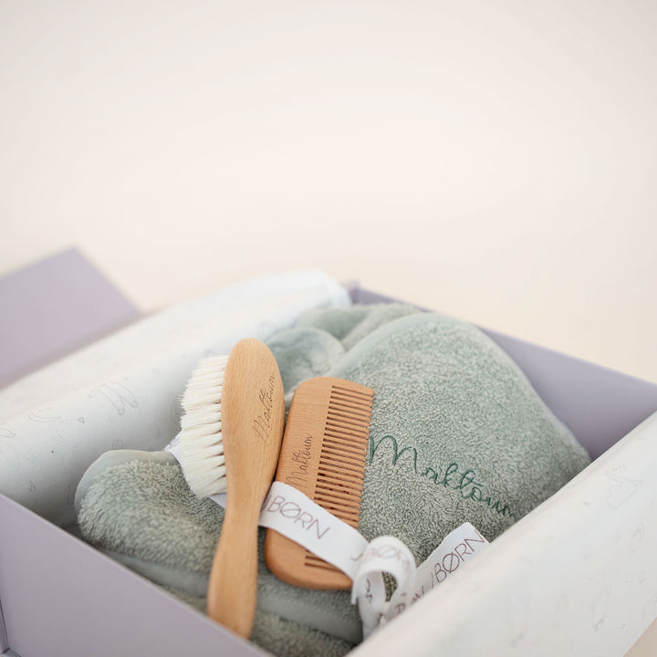 JBØRN Baby Gift Set | Organic Cotton Towel & Hair Brush Set Sage - Personalisable Baby Products Sold and Personalised by JustBørn