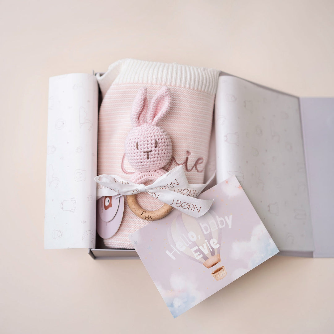 JBØRN Knitted Baby Blanket & Bunny Rattle Set - Personalisable Baby Products Sold and Personalised by JustBørn