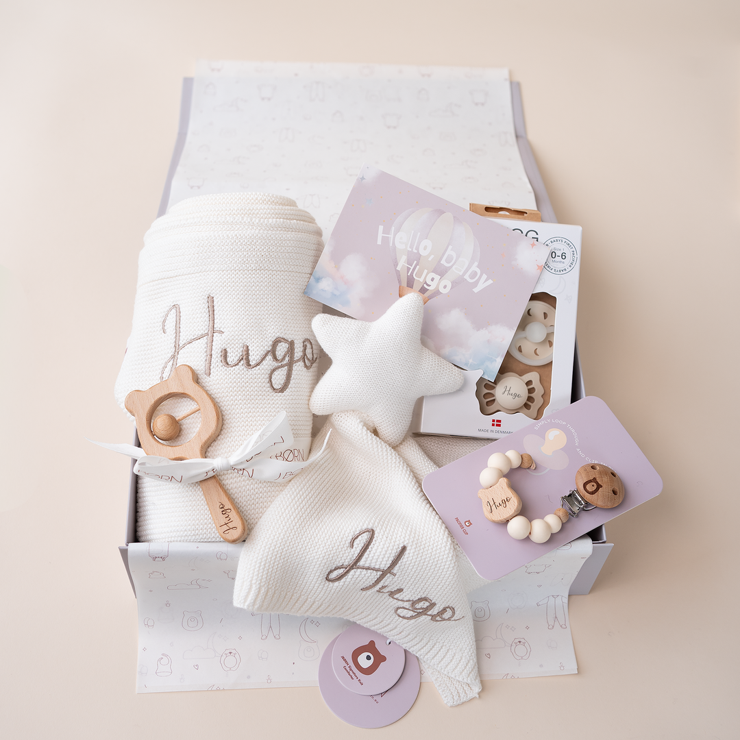 JBØRN Newborn Baby Gift Set | Knitted Blanket, Comforter & FRIGG Pacifiers - Personalisable Baby Products Sold and Personalised by JustBørn