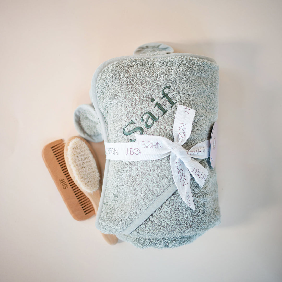 JBØRN Baby Gift Set | Organic Cotton Towel & Hair Brush Set Sage - Personalisable Baby Products Sold and Personalised by JustBørn