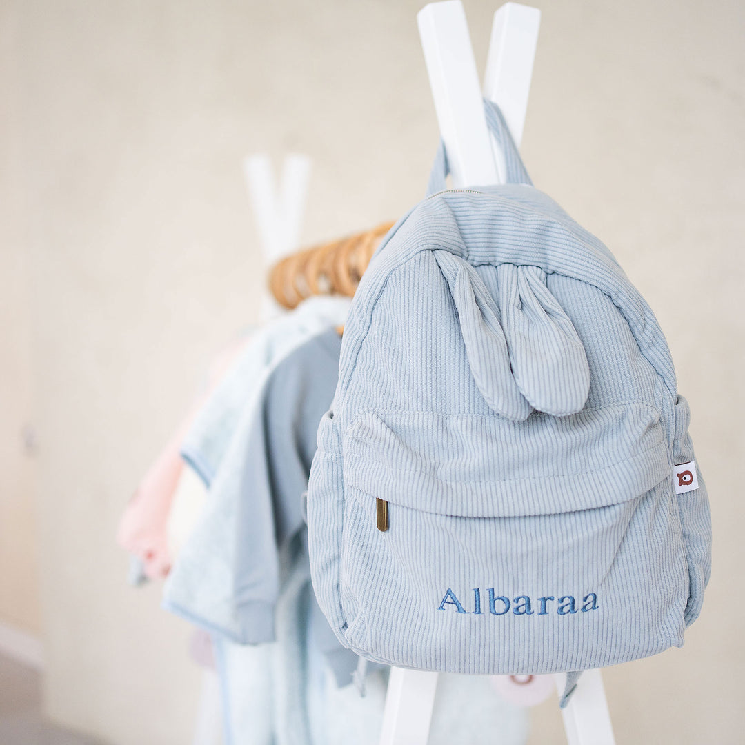 JBØRN Personalised Bunny Backpack Velvet Powder Blue - Personalisable Baby Products Sold and Personalised by JustBørn