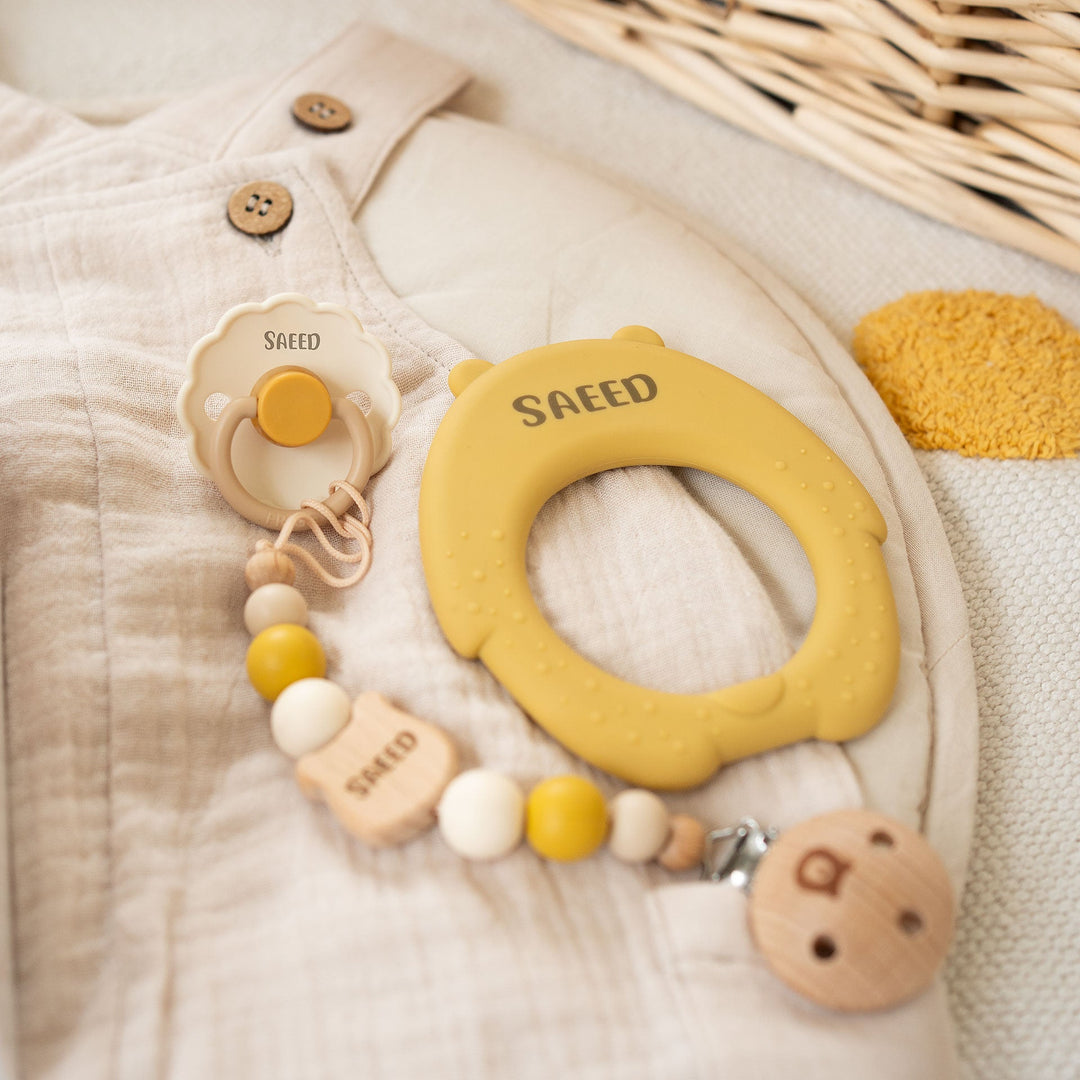 JBØRN Silicone Bear Teether + FRIGG Pacifiers & Matching Clip - Personalisable Baby Products Sold and Personalised by JustBørn