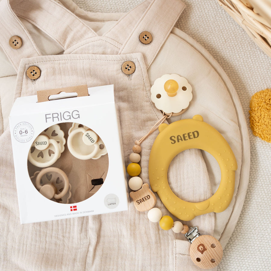 JBØRN Silicone Bear Teether + FRIGG Pacifiers & Matching Clip - Personalisable Baby Products Sold and Personalised by JustBørn