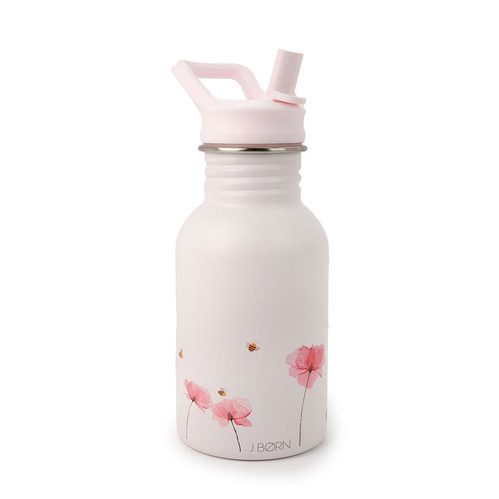 JBØRN Stainless Steel Water Bottle with Straw 350ml | Personalisable in Poppy Flowers, sold by JBørn Baby Products Shop, Personalizable by JustBørn