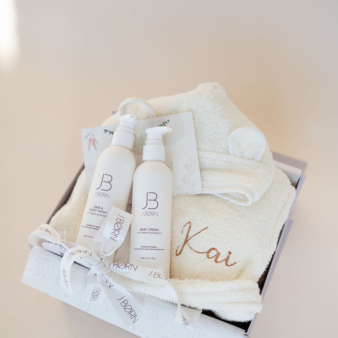 JBØRN Baby Gift Set | JBØRN Bath Robe & Skin Care Ivory - Personalisable Baby Products Sold and Personalised by JustBørn