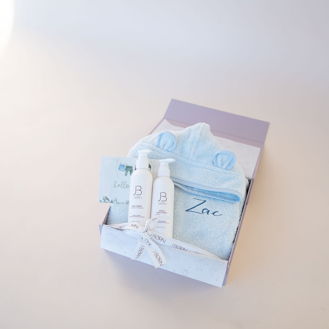 JBØRN Baby Gift Set | JBØRN Bath Robe & Skin Care Powder Blue - Personalisable Baby Products Sold and Personalised by JustBørn