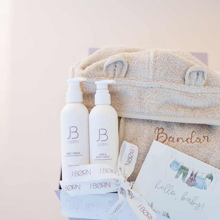 JBØRN Baby Gift Set | JBØRN Bath Robe & Skin Care Vanilla - Personalisable Baby Products Sold and Personalised by JustBørn