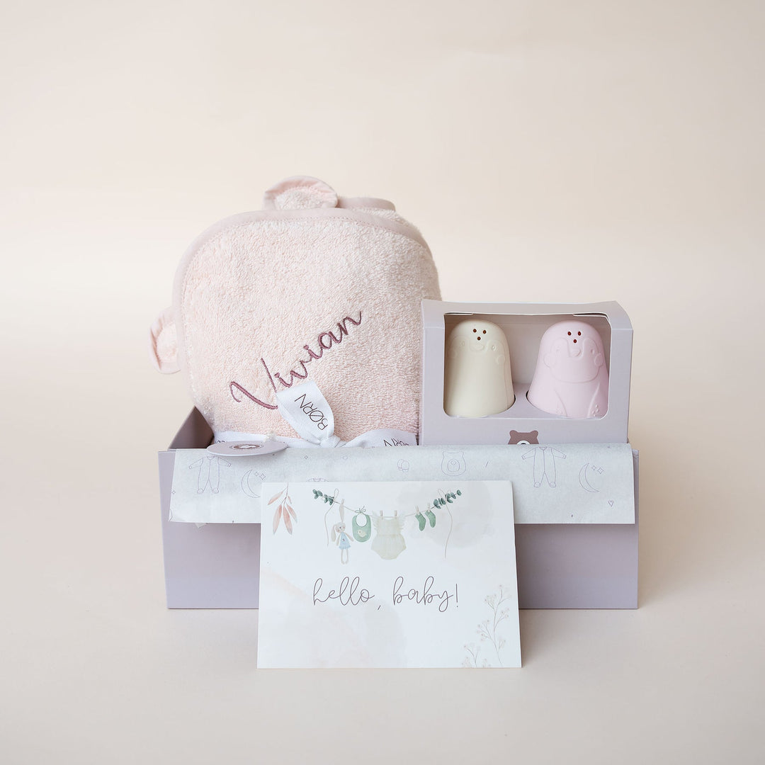 JBØRN Baby Gift Set | Organic Cotton Baby Hooded Towel & Bath Toys Blossom - Personalisable Baby Products Sold and Personalised by JustBørn