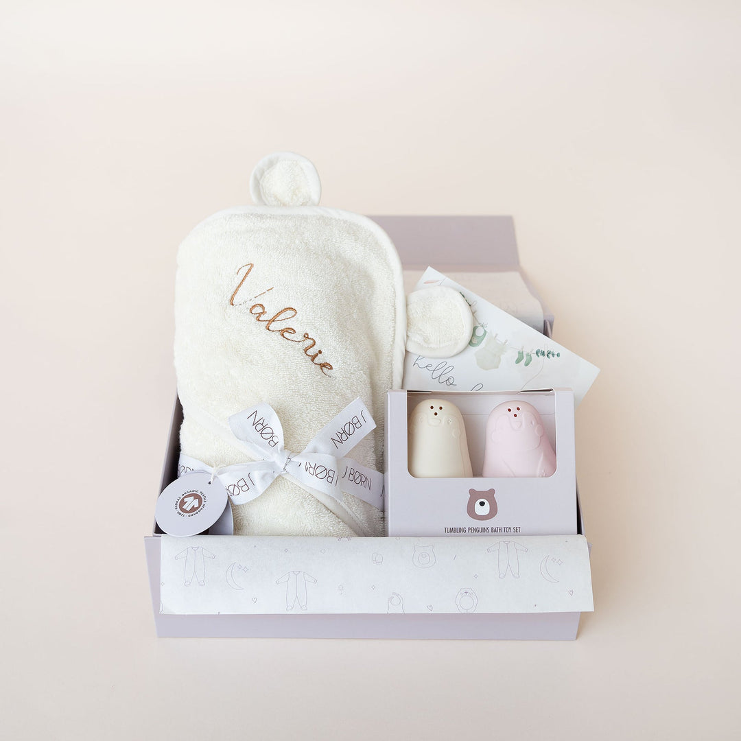 JBØRN Baby Gift Set | Organic Cotton Baby Hooded Towel & Bath Toys Ivory - Personalisable Baby Products Sold and Personalised by JustBørn