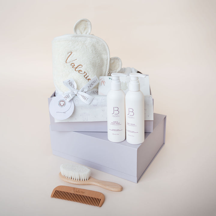 JBØRN Luxury Baby Bath Gift Set | Hooded Towel, Hair Brushes & Skin Care Set - Personalisable Baby Products Sold and Personalised by JustBørn