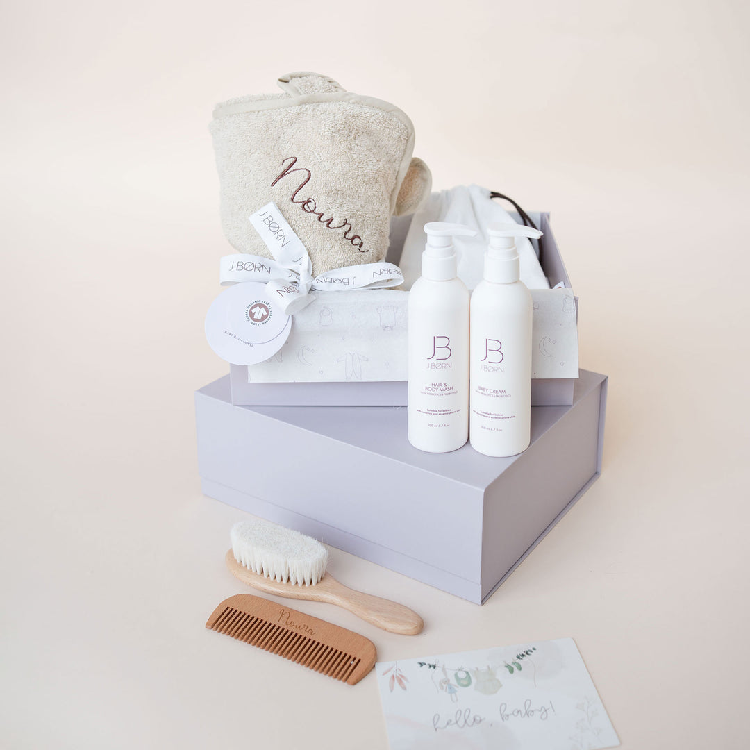 JBØRN Luxury Baby Bath Gift Set | Hooded Towel, Hair Brushes & Skin Care Set Vanilla - Personalisable Baby Products Sold and Personalised by JustBørn