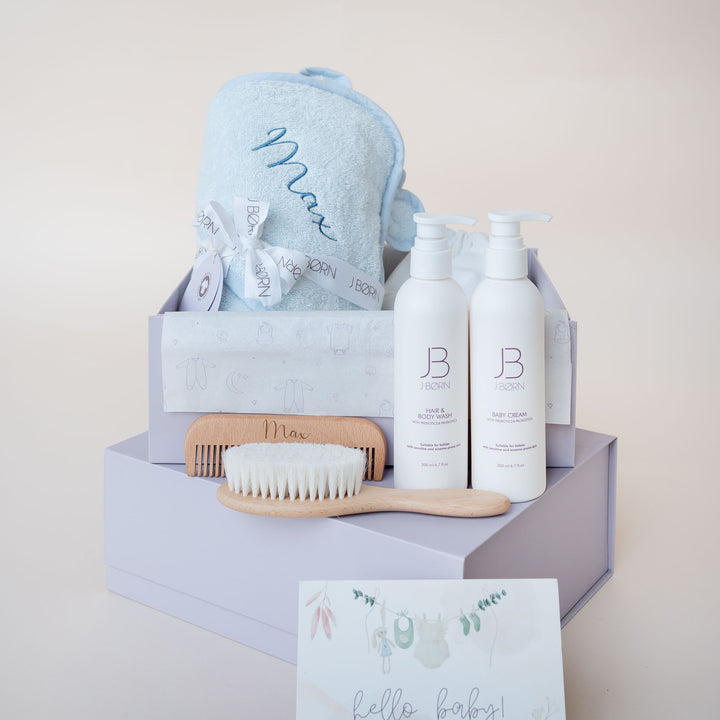 JBØRN Luxury Baby Bath Gift Set | Hooded Towel, Hair Brushes & Skin Care Set Baby Blue - Personalisable Baby Products Sold and Personalised by JustBørn