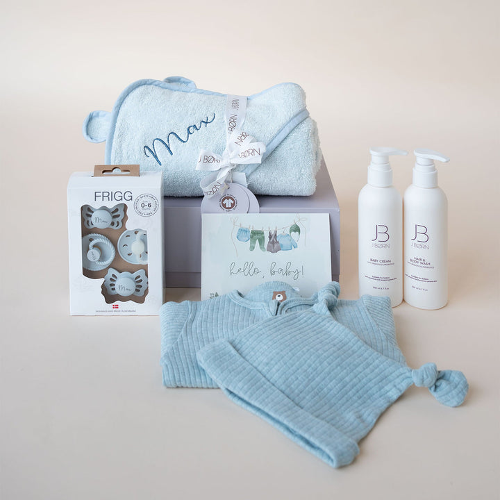 JBØRN Baby Boy Gift Set | First Pacifiers, Organic Cotton Towel, Sleep Suit & Skin Care Set - Personalisable Baby Products Sold and Personalised by JustBørn