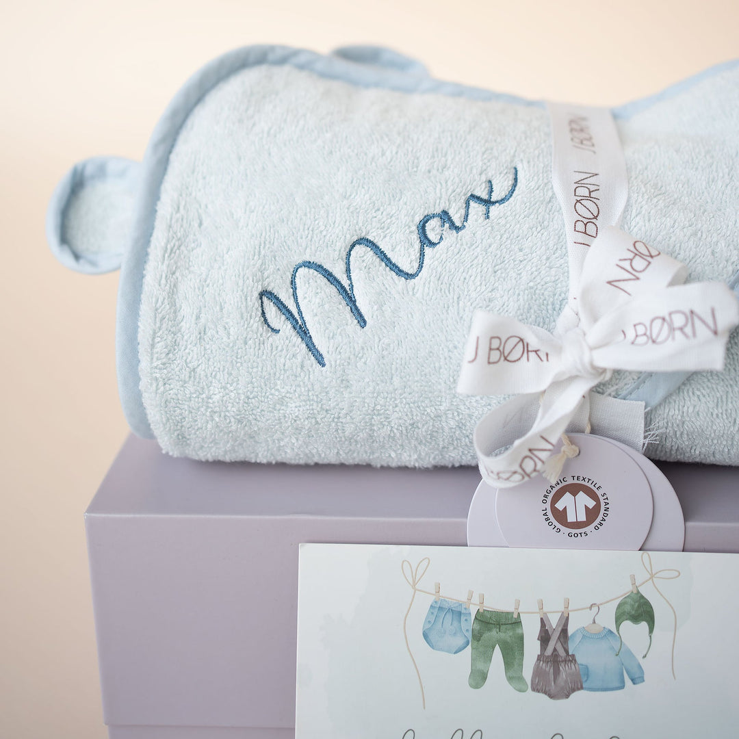 JBØRN Baby Boy Gift Set | First Pacifiers, Organic Cotton Towel, Sleep Suit & Skin Care Set - Personalisable Baby Products Sold and Personalised by JustBørn