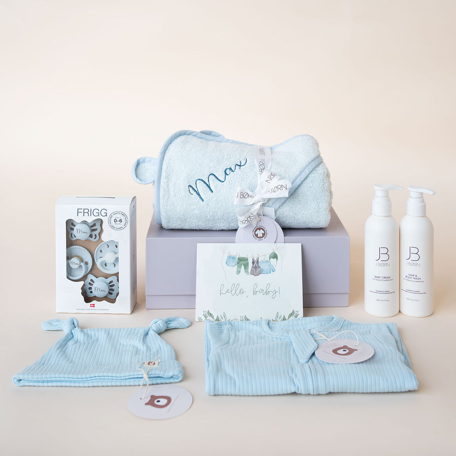 JBØRN Baby Boy Gift Set | First Pacifiers, Organic Cotton Towel, Sleep Suit & Skin Care Set - Personalisable Baby Products Sold and Personalised by JustBørn