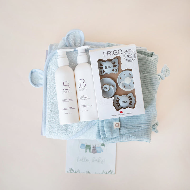 JBØRN Baby Boy Gift Set | First Pacifiers, Organic Cotton Towel, Sleep Suit & Skin Care Set - Personalisable Baby Products Sold and Personalised by JustBørn